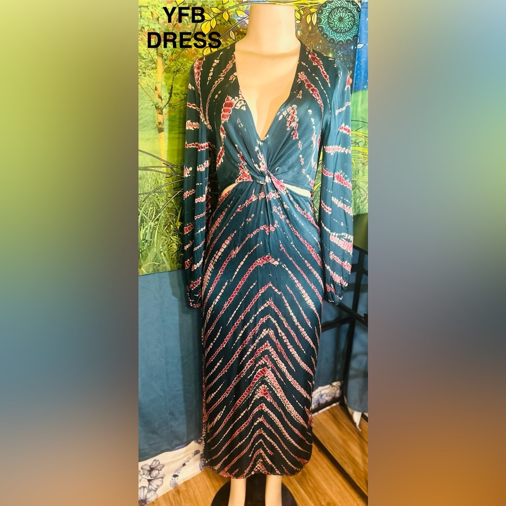 Young Fabulous & Broke Teal Green & Pink Tie Dye Cut Out Long Sleeve Dress